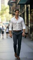 AI generated man wearing a crisp white shirt and tailored black pants, walking confidently down a busy street photo
