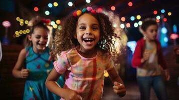 AI generated fun and playful photo of kids dancing and singing along to their favorite party tunes