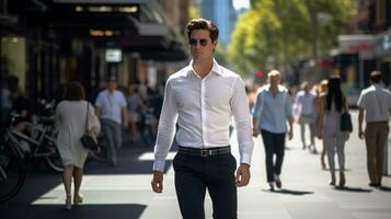 AI generated man wearing a crisp white shirt and tailored black pants, walking confidently down a busy street photo