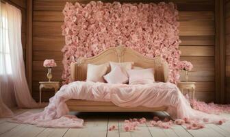 AI generated pink roses and heart made from rose petals on a wooden bed photo