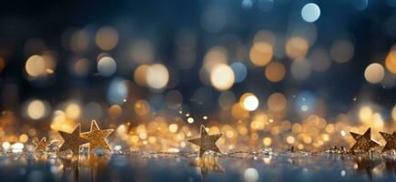 AI generated golden stars on blue background with bokeh reflection photo