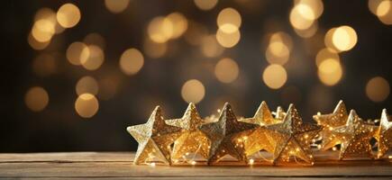 AI generated golden stars on blue background with bokeh reflection photo