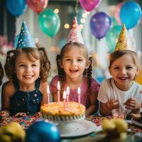 AI generated A group of smiling children wearing party hats and holding colorful balloons, with a birthday cake photo