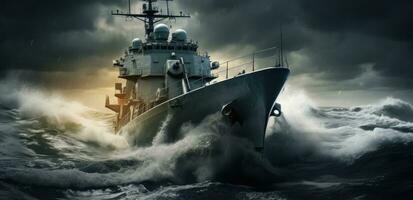 AI generated naval ships moving on the surface of the ocean during stormy day photo