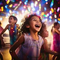 ai generado divertido y juguetón foto de niños bailando y canto a lo largo a su favorito fiesta melodías