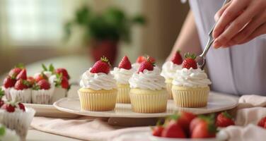 ai generado en esta escocés Cocinando clase cocinero preparando fresas y crema queso magdalenas foto