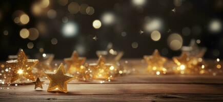 AI generated golden stars on blue background with bokeh reflection photo