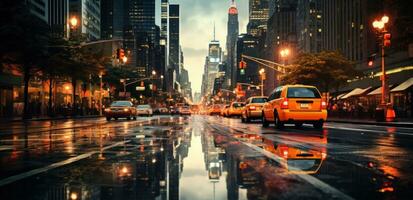 ai generado nuevo York ciudad noche Taxis paso por a noche, empapado de lluvia calles foto