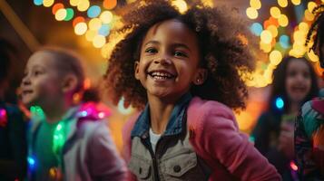 ai generado divertido y juguetón foto de niños bailando y canto a lo largo a su favorito fiesta melodías