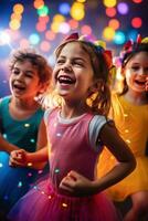 ai generado divertido y juguetón foto de niños bailando y canto a lo largo a su favorito fiesta melodías