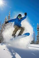 ai generado practicantes de snowboard atrapando aire apagado un grande saltar, con nieve pulverización detrás ellos foto