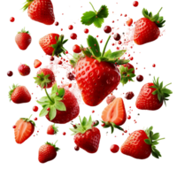 AI generated A bunch of Strawberries with leaves splashing on a transparent background png