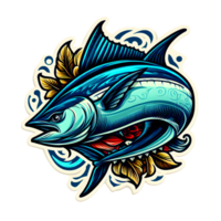 ai generato un' colorato pesce tatuaggio o etichetta con acqua spruzzi png