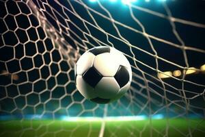 AI generated Photo showcasing a soccer ball scoring and entering the goal