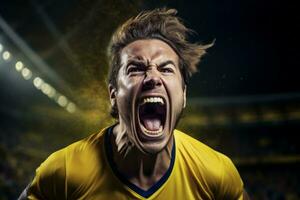 AI generated A football player screams with happiness conveying the elation of scoring a decisive goal photo