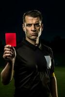 ai generado medio cuerpo retrato de un fútbol americano árbitro demostración un rojo tarjeta foto