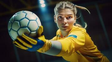 ai generado hembra fútbol americano portero en un amarillo traje capturas el pelota foto