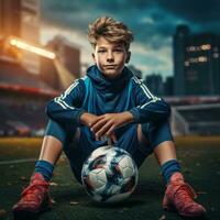 AI generated A young person is captured sitting on the football field photo