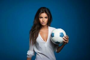 AI generated The elegance of a lovely girl cradling a football ball in a captivating pose photo