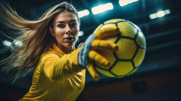 AI generated The skillful maneuver of a female football goalkeeper in a vibrant yellow suit as she adeptly catches the ball photo