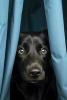 ai generado negro perro echar un vistazo desde detrás cielo azul cortina foto
