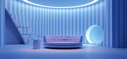 AI generated Blue striped Geometric shape bedroom with a modern luxury sofa 3d rendering photo