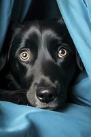 AI generated The dog is hiding behind the curtains and is afraid to go out. photo