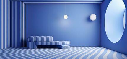 ai generado azul a rayas geométrico forma dormitorio con un moderno lujo sofá 3d representación foto