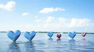 AI generated blue hearts of valentines on the water against sky background photo