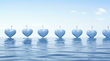 AI generated blue hearts of valentines on the water against sky background photo