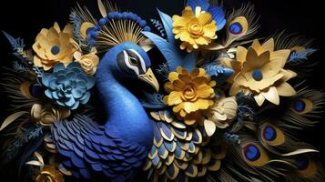 ai generado azul amarillo y oro pavo real decoración con flores foto