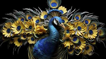 AI generated Blue yellow and gold peacock decor with flowers on black background photo