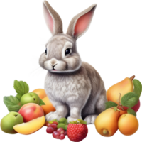 AI generated A close-up image of a colorful rabbit and fruits. Ai-Generated. png