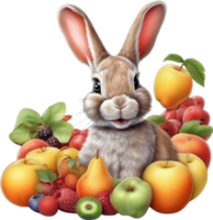 AI generated A close-up image of a colorful rabbit and fruits. Ai-Generated. png