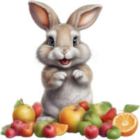 AI generated A close-up image of a colorful rabbit and fruits. Ai-Generated. png