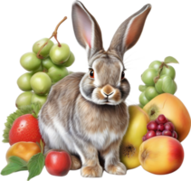 AI generated A close-up image of a colorful rabbit and fruits. Ai-Generated. png