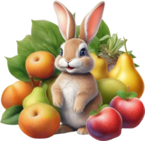 AI generated A close-up image of a colorful rabbit and fruits. Ai-Generated. png
