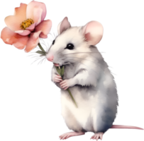 AI generated Watercolor cute mouse with flower. Ai-Generated. png