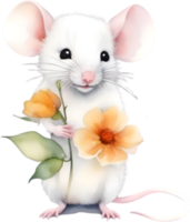 AI generated Watercolor cute mouse with flower. Ai-Generated. png