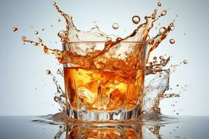 AI generated Whiskey with ice cubes on white background with splashes. Generative AI. photo