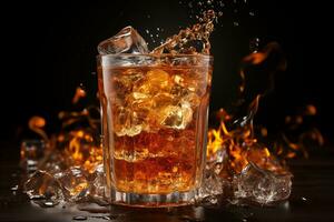 AI generated Whiskey with ice cubes on black background with splashes. Generative AI. photo