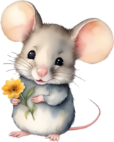 AI generated Watercolor cute mouse with flower. Ai-Generated. png