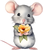 ai gegenereerd waterverf schattig muis met bloem. ai-gegenereerd. png