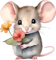 AI generated Watercolor cute mouse with flower. Ai-Generated. png