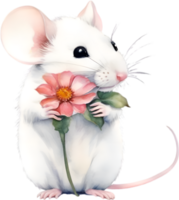 AI generated Watercolor cute mouse with flower. Ai-Generated. png