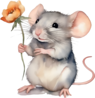 AI generated Watercolor cute mouse with flower. Ai-Generated. png