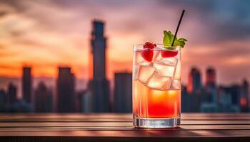 AI generated Refreshing cocktail on a wooden table city skyline at dusk photo