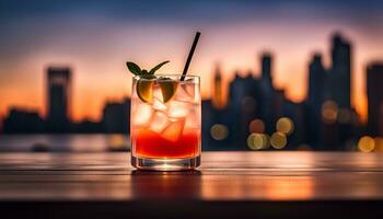 AI generated Refreshing cocktail on a wooden table city skyline at dusk photo