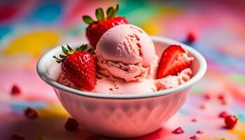 AI generated Cornet ice cream with a strawberry scoop on a colorful surface photo