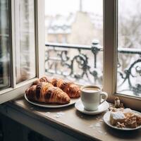 ai generado acogedor fin de semana vibraciones con humeante café, cruasanes, y un Nevado ventana fondo foto